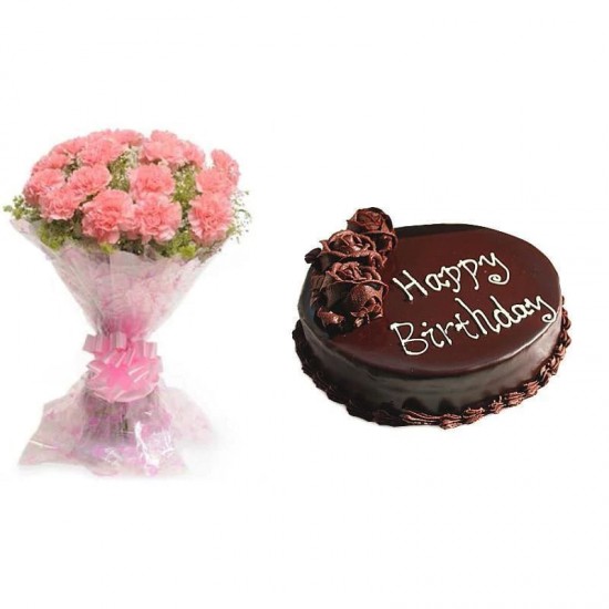 Pink Carnations And Chocolate Cake Combo