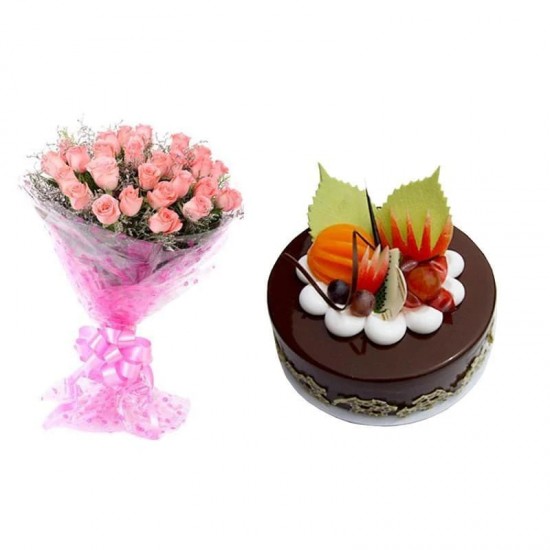 Pink Roses And Chocolate Cake Combo