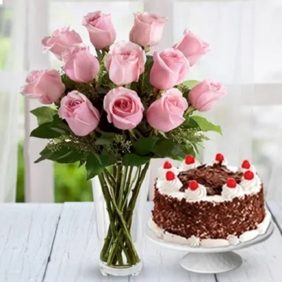Pink Roses n Black Forest Cake Combo