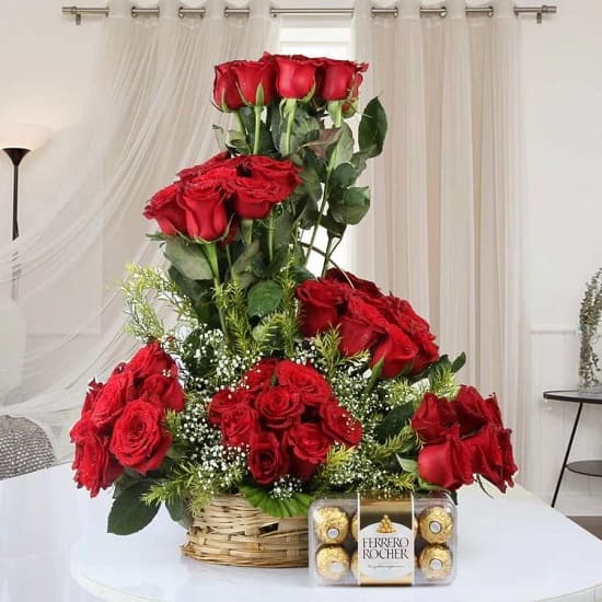50 Red Roses Basket n Rocher Combo