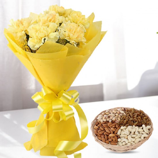 12 Yellow Carnations with One kg Dry fruits Basket