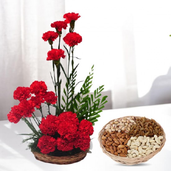 Carnations Basket Arrangement with 1Kg Dry Fruits Basket