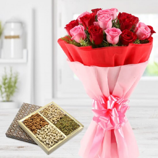 20 Roses Bouquet with Dry Fruits Box