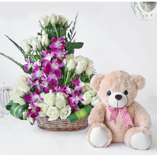 White Roses with Orchids n Teddy Combo