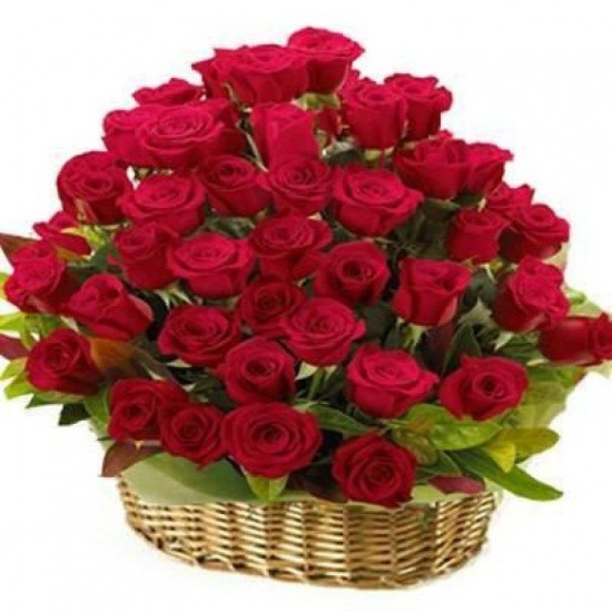 60 red roses round basket