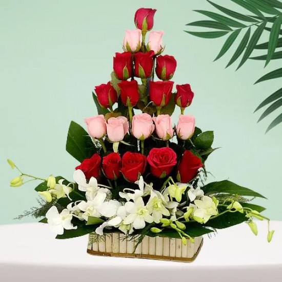 Cheerful Tall Basket Arrangement of Roses N Orchids Cheerful Tall Basket Arrangement of Roses N Orchids