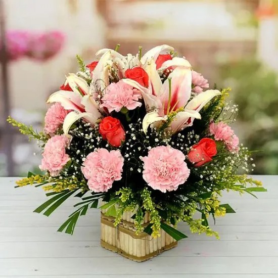Elegant Full of Carnations Lily N Roses Basket