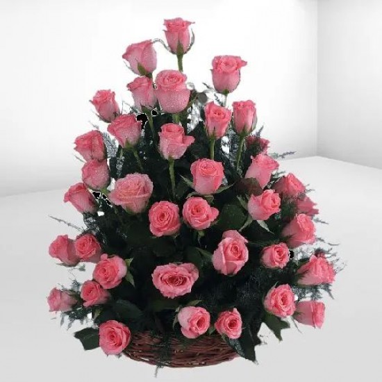 Elegant One Sided Basket of Pink Roses with Fillers