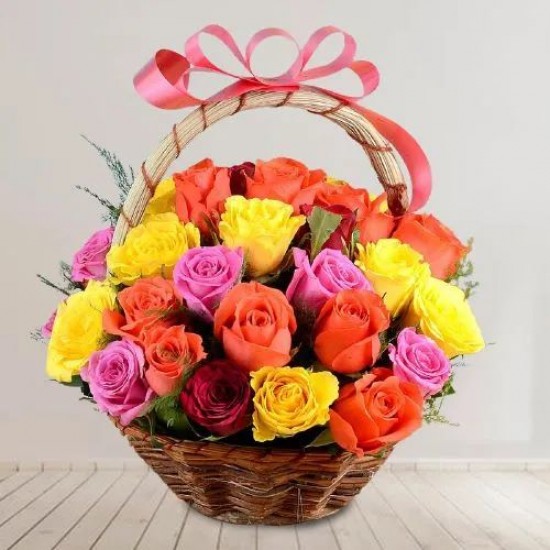 Enigmatic Basket of Mixed Color Roses