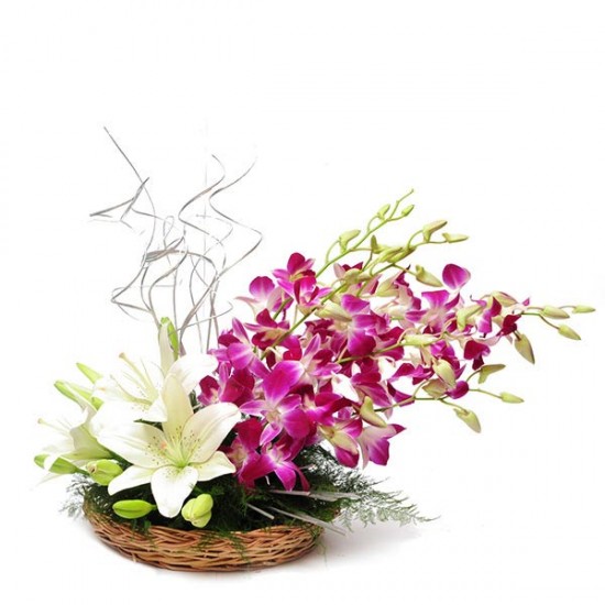 Purple Orchids and White Lily Flowers Basket