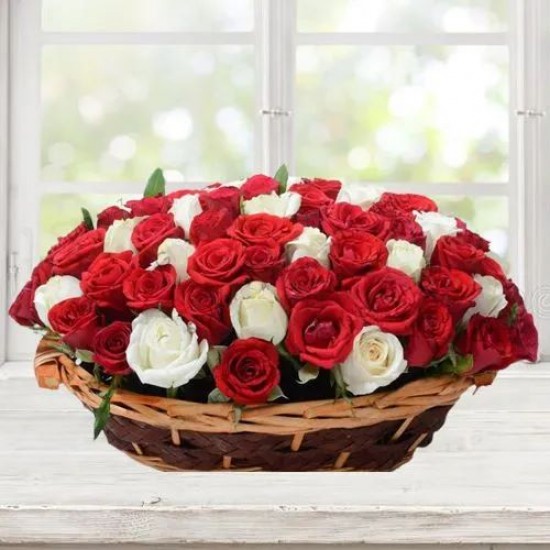Unique Array of Red N White Roses in Oval Basket