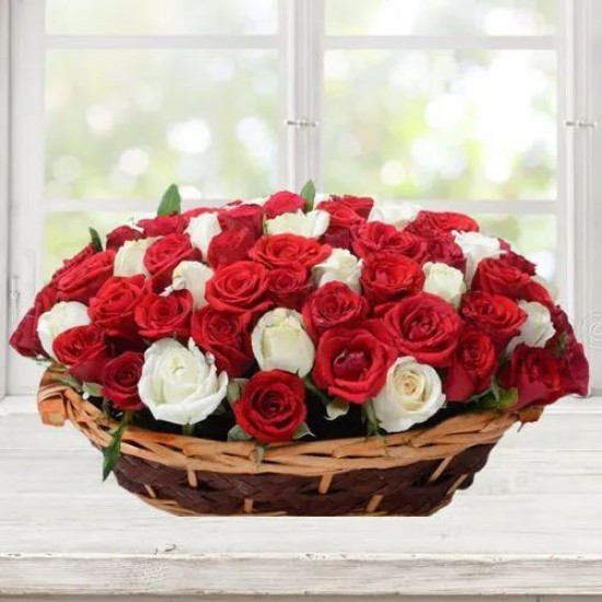 Unique Array of Red N White Roses in Oval Basket Unique Array of Red N White Roses in Oval Basket