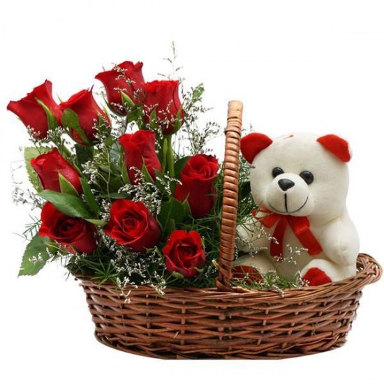 Cute Roses with Teddy Basket